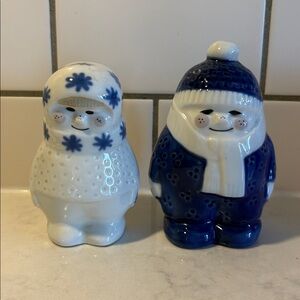 Porsgrund Norway Vintage Snowman Figurines in Blue and White
